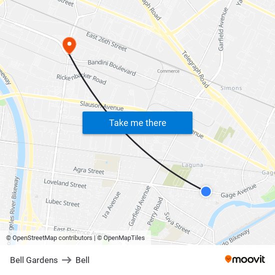 Bell Gardens to Bell map