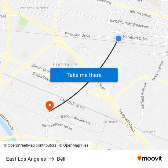 East Los Angeles to Bell map