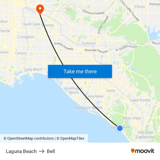 Laguna Beach to Bell map