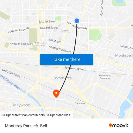 Monterey Park to Bell map