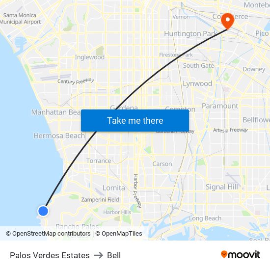 Palos Verdes Estates to Bell map