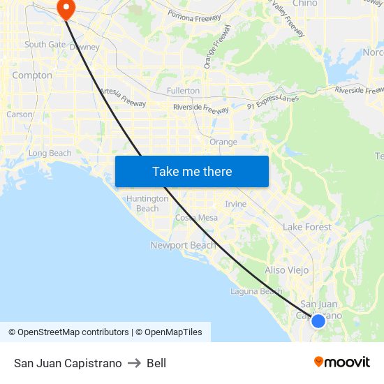 San Juan Capistrano to Bell map