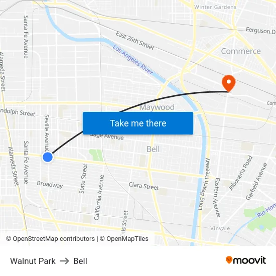 Walnut Park to Bell map