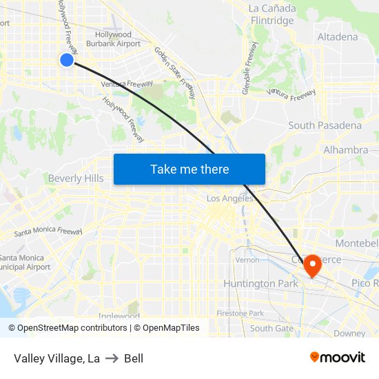 Valley Village, La to Bell map