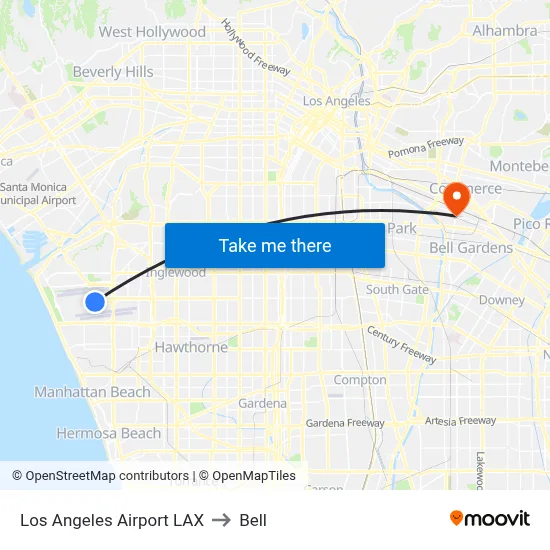 Los Angeles Airport LAX to Bell map