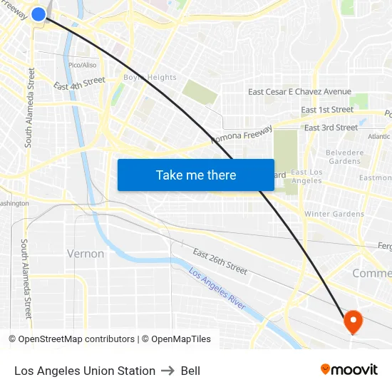 Los Angeles Union Station to Bell map