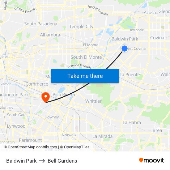 Baldwin Park to Bell Gardens map