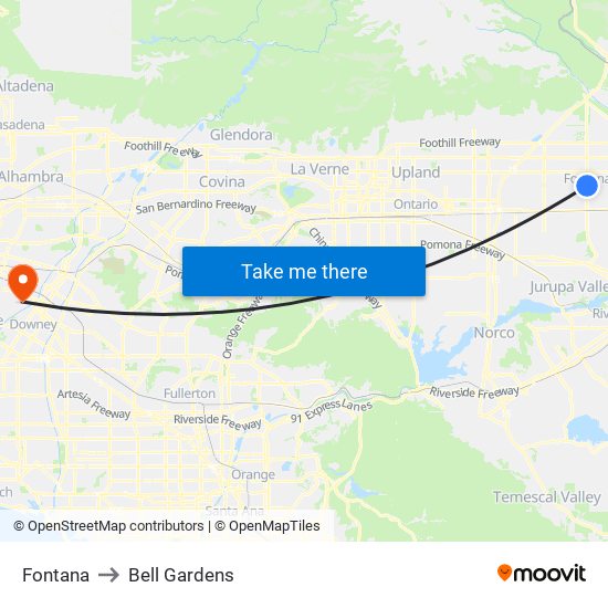 Fontana to Bell Gardens map