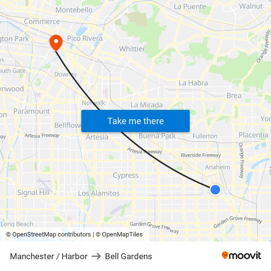 Manchester / Harbor to Bell Gardens map