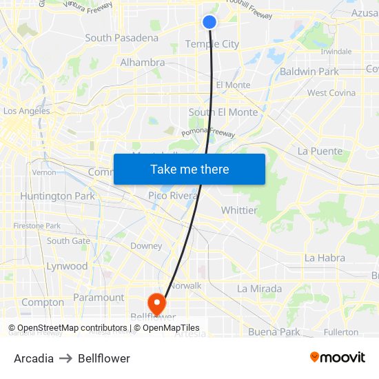 Arcadia to Bellflower map