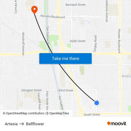 Artesia to Bellflower map