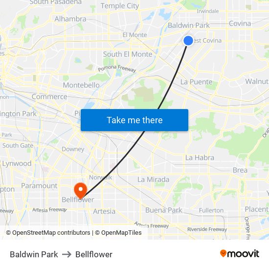 Baldwin Park to Bellflower map