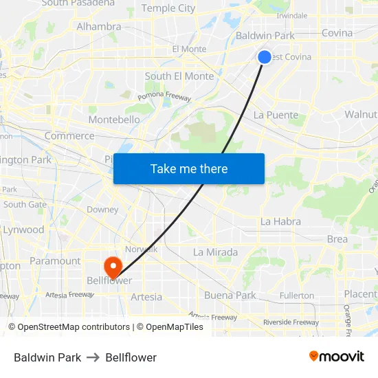 Baldwin Park to Bellflower map
