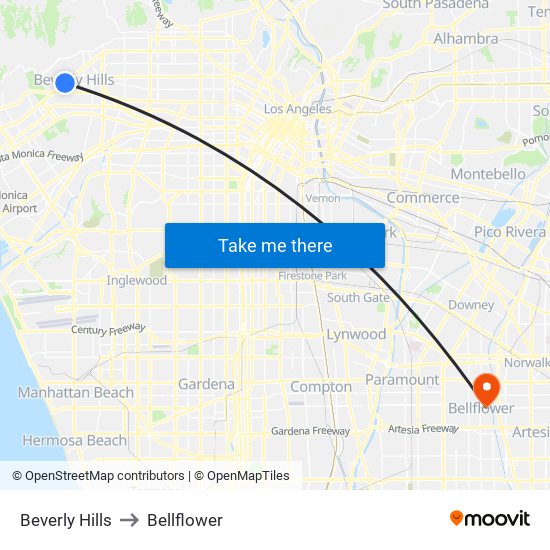 Beverly Hills to Bellflower map