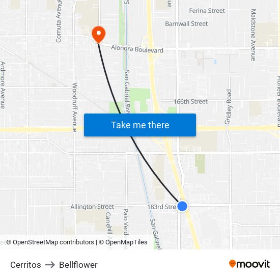 Cerritos to Bellflower map