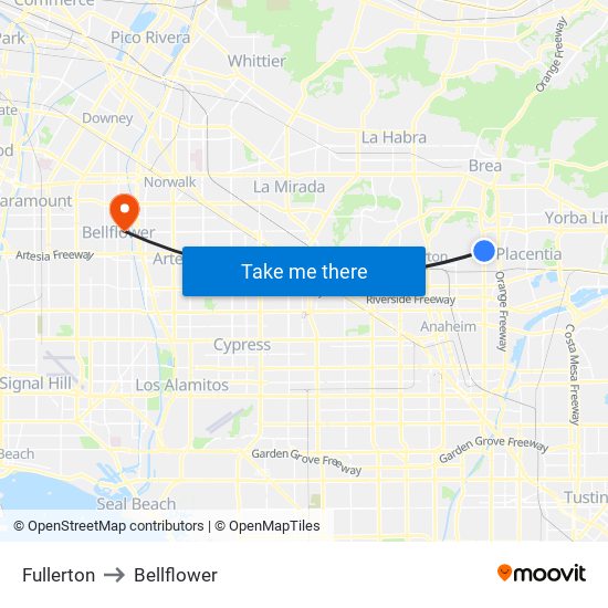 Fullerton to Bellflower map