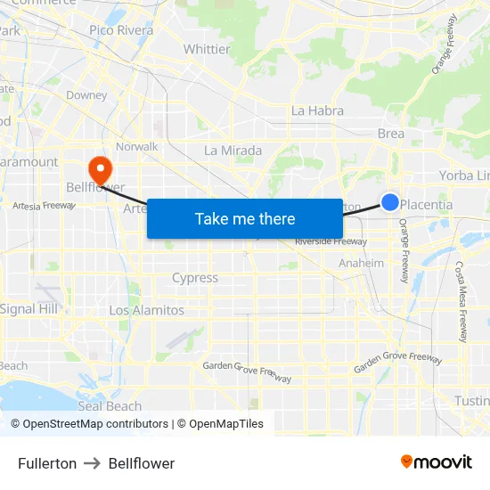 Fullerton to Bellflower map