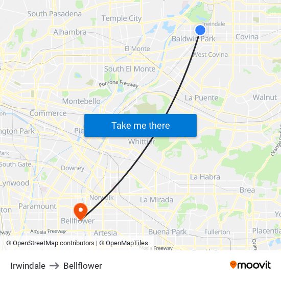 Irwindale to Bellflower map