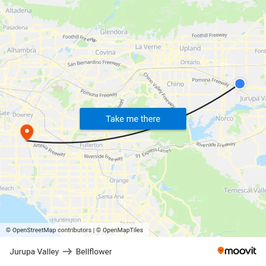 Jurupa Valley to Bellflower map