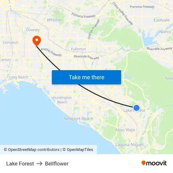 Lake Forest to Bellflower map