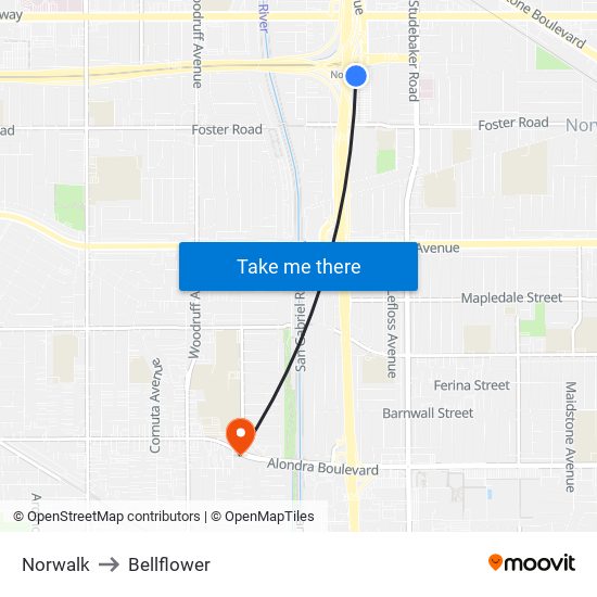 Norwalk to Bellflower map