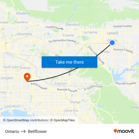 Ontario to Bellflower map