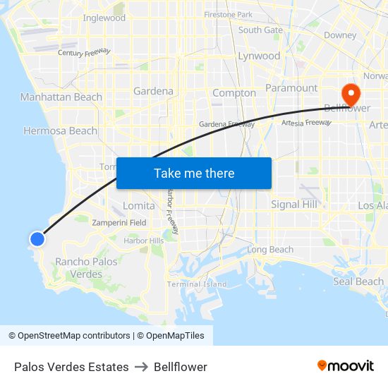 Palos Verdes Estates to Bellflower map