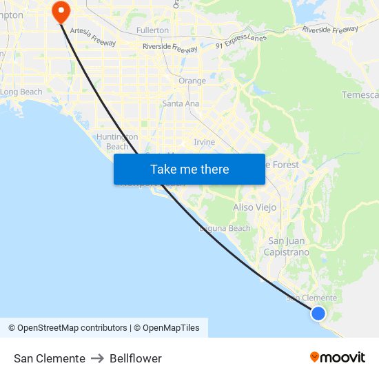 San Clemente to Bellflower map