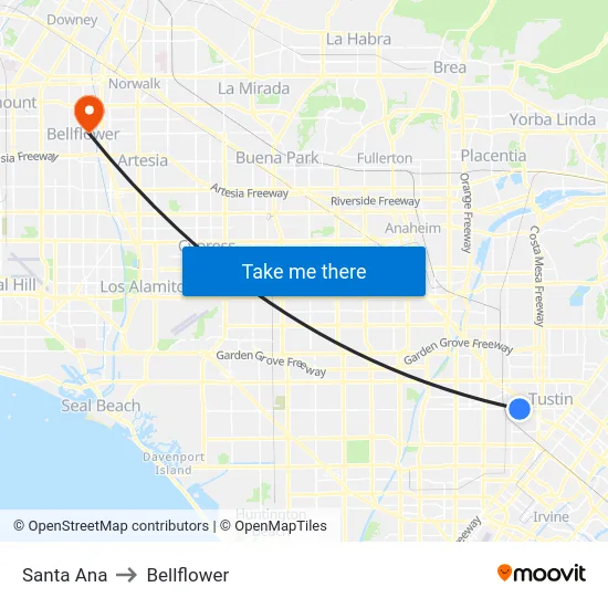 Santa Ana to Bellflower map