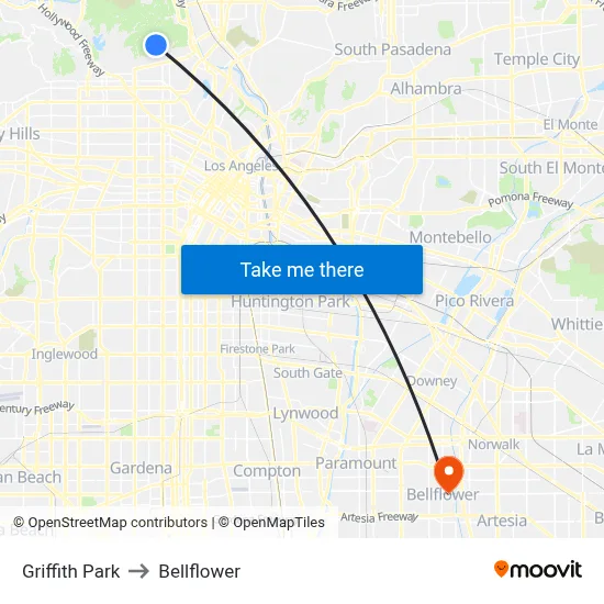 Griffith Park to Bellflower map