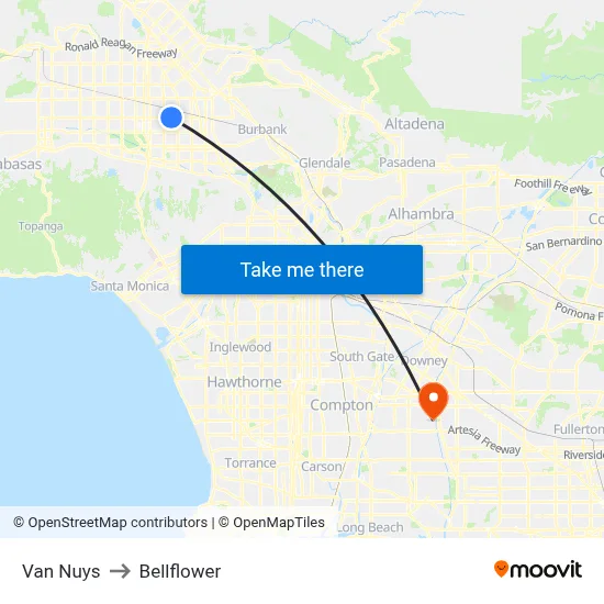 Van Nuys to Bellflower map