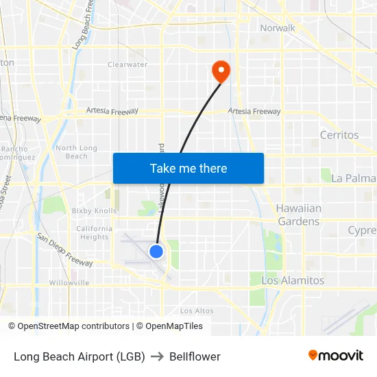 Long Beach Airport (LGB) to Bellflower map