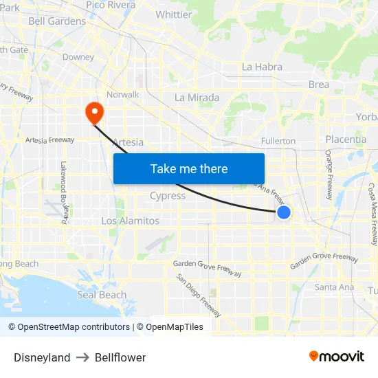 Disneyland to Bellflower map