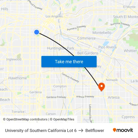 University of Southern California Lot 6 to Bellflower map