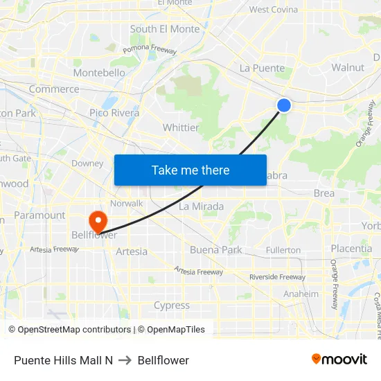 Puente Hills Mall N to Bellflower map