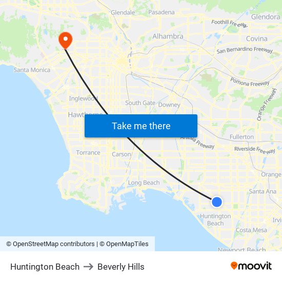 Huntington Beach to Beverly Hills map