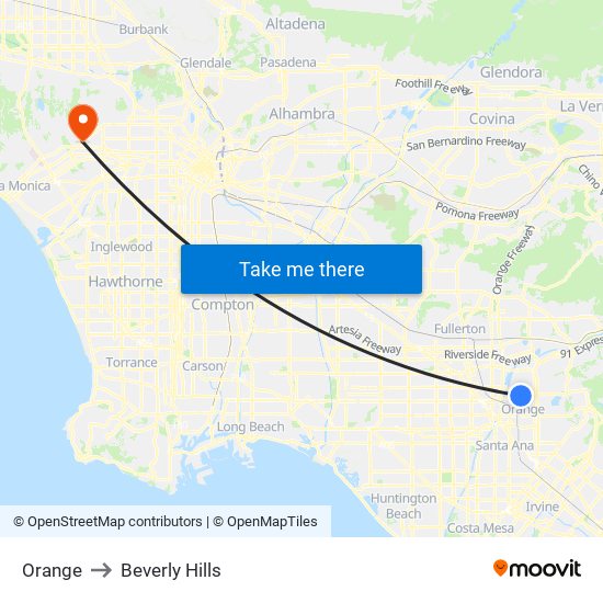 Orange to Beverly Hills map