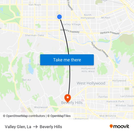 Valley Glen, La to Beverly Hills map