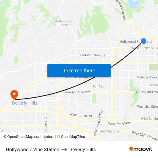 Hollywood / Vine Station to Beverly Hills map