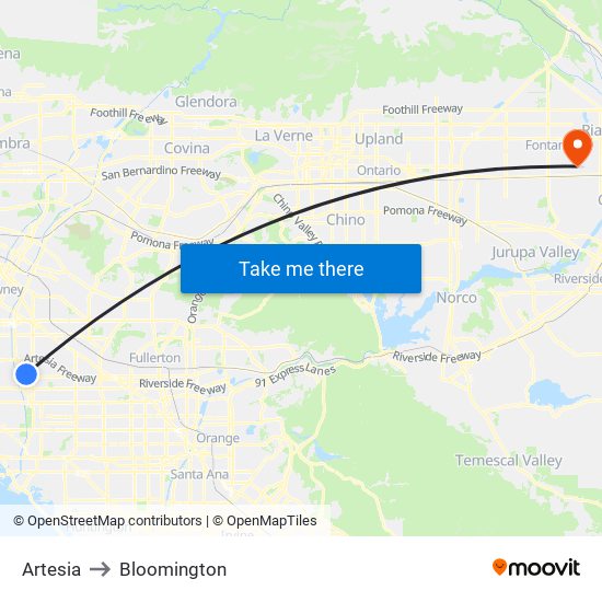 Artesia to Bloomington map