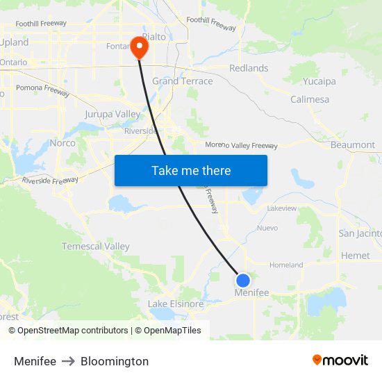 Menifee to Bloomington map