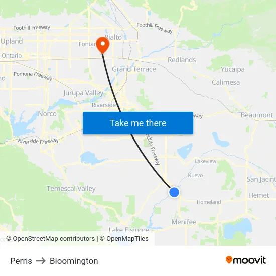 Perris to Bloomington map