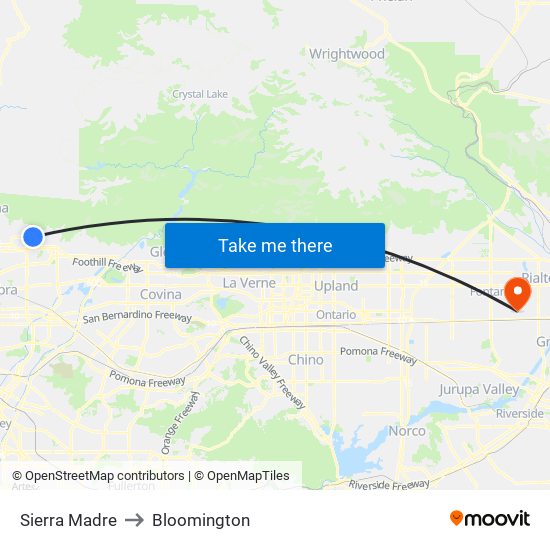 Sierra Madre to Bloomington map