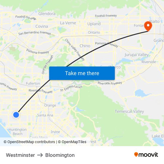 Westminster to Bloomington map