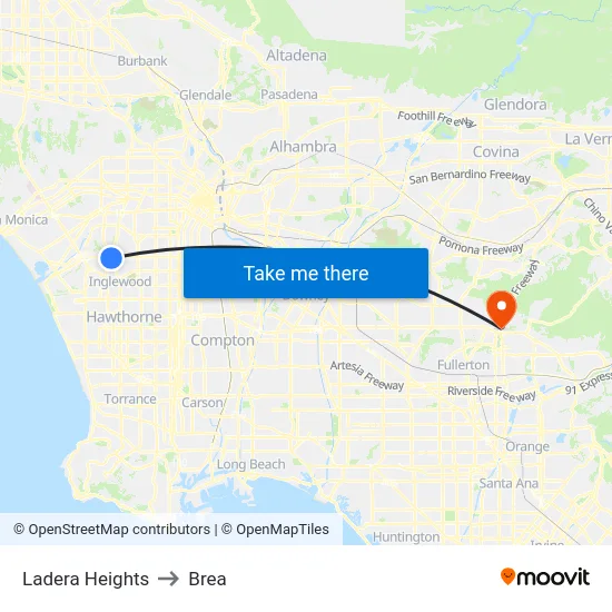 Ladera Heights to Brea map