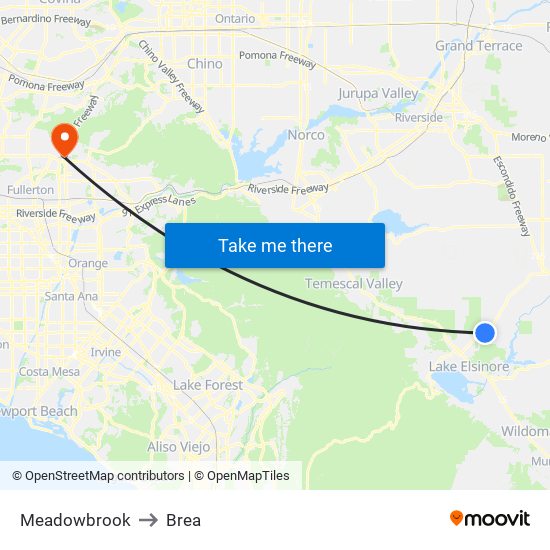 Meadowbrook to Brea map