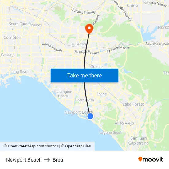 Newport Beach to Brea map