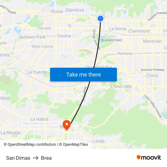 San Dimas to Brea map