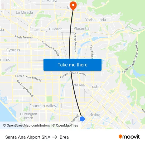 Santa Ana Airport SNA to Brea map