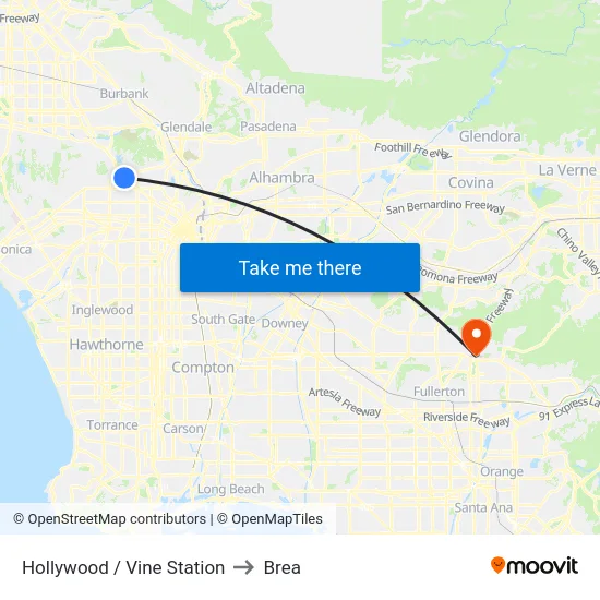 Hollywood / Vine Station to Brea map